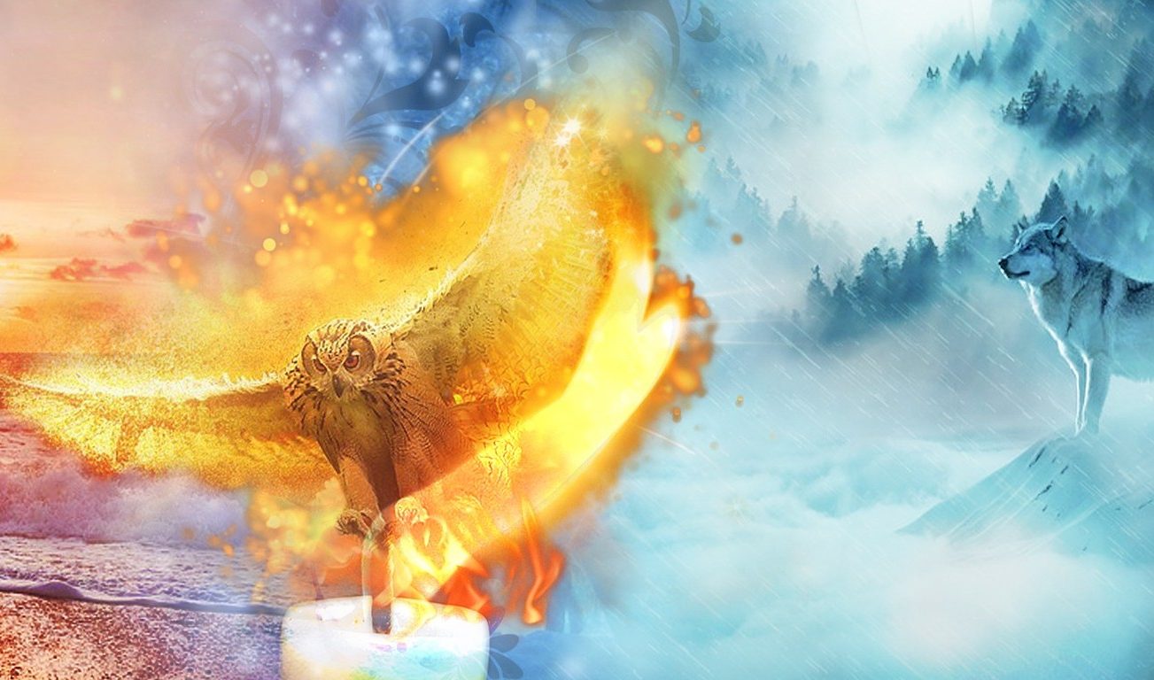 Krafttiere Ein majestätischer Vogel fliegt durch Feuer und Eis, umgeben von Landschaften und einem Wolf im Hintergrund