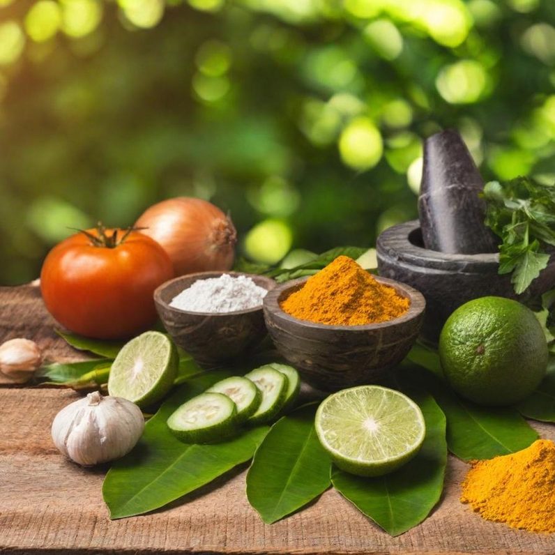 Ernährung Frische Zutaten mit Gewürzen, Zitrusfrüchten und Kräutern auf einem Holzbrett.