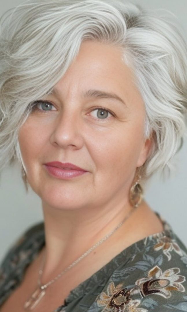 Ich - Gabriela Schlossmacher Porträt einer wunderschönen Frau mit lockigen Haaren und blumigem Oberteil, freundlicher Ausdruck.